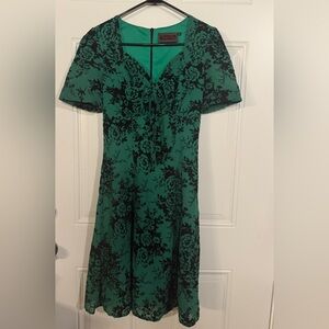 Voodoo Vixen Emerald Green and Black Floral Midi Dress